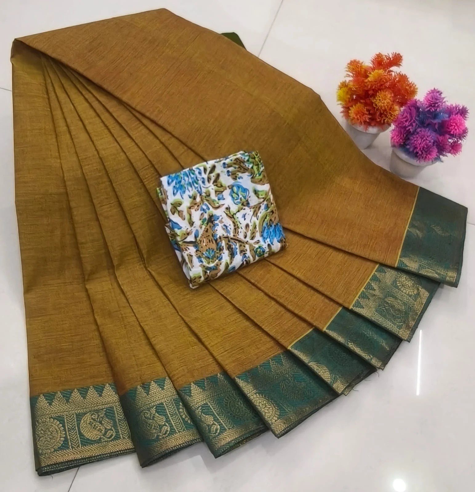 Mustard with Dark Teal Zari Border Peacock and Floral Motifs Chettinad Cotton Saree